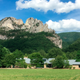 Seneca Rocks rises behind the Monongahela National Forest Discovery Center in eastern West Virginia.